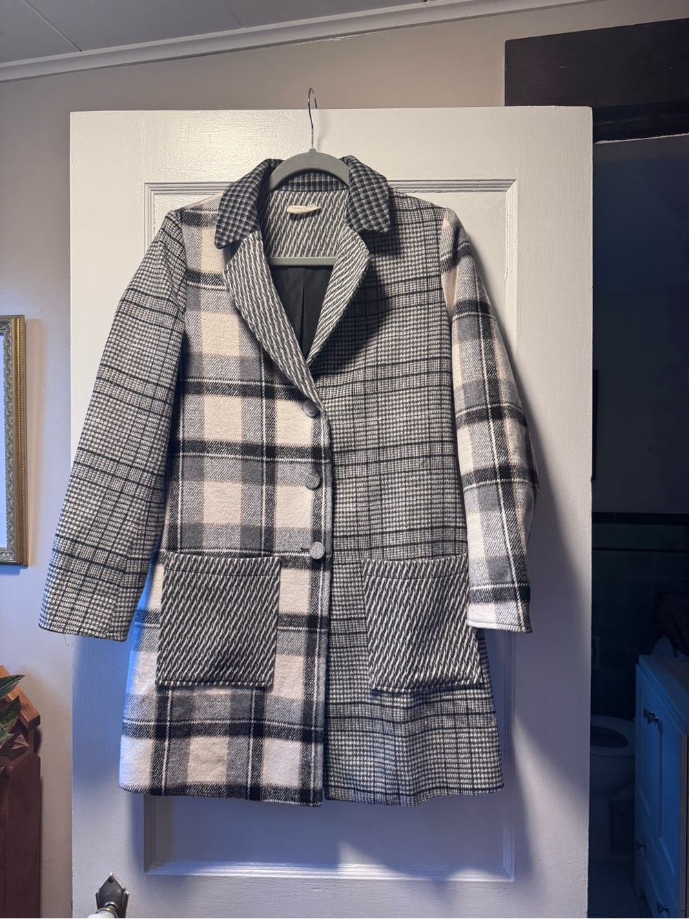 lovestitch Black & White Plaid Wool-Blend Mid-Length Pea Coat